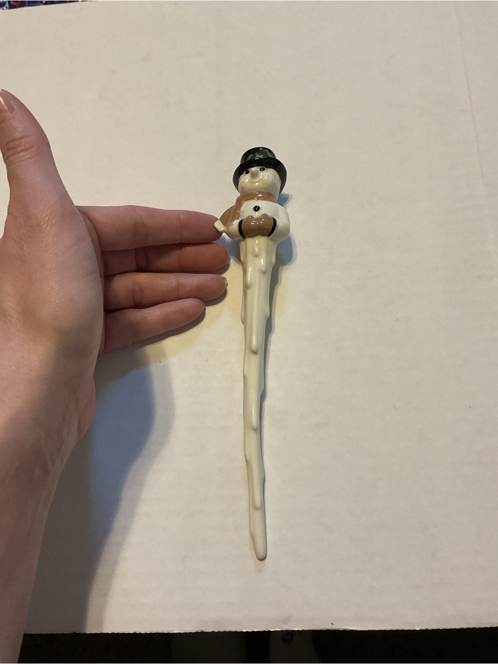 Ceramic Snowman Icicle Ornament - White with Black Hat and Brown Scarf 8 in